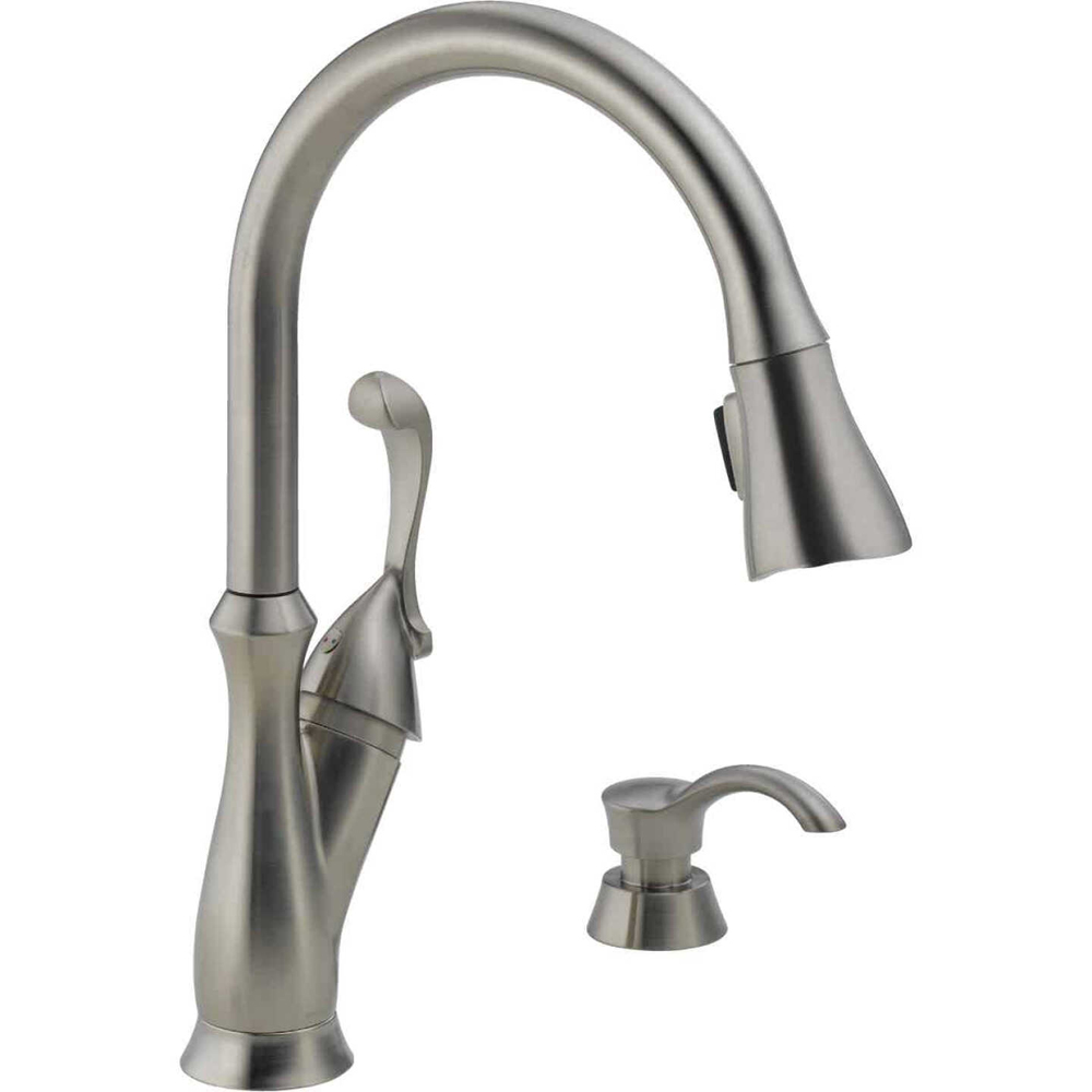 Delta Arabella Sgl Handle Pull-Down Faucet with Soap Disp, Brushed